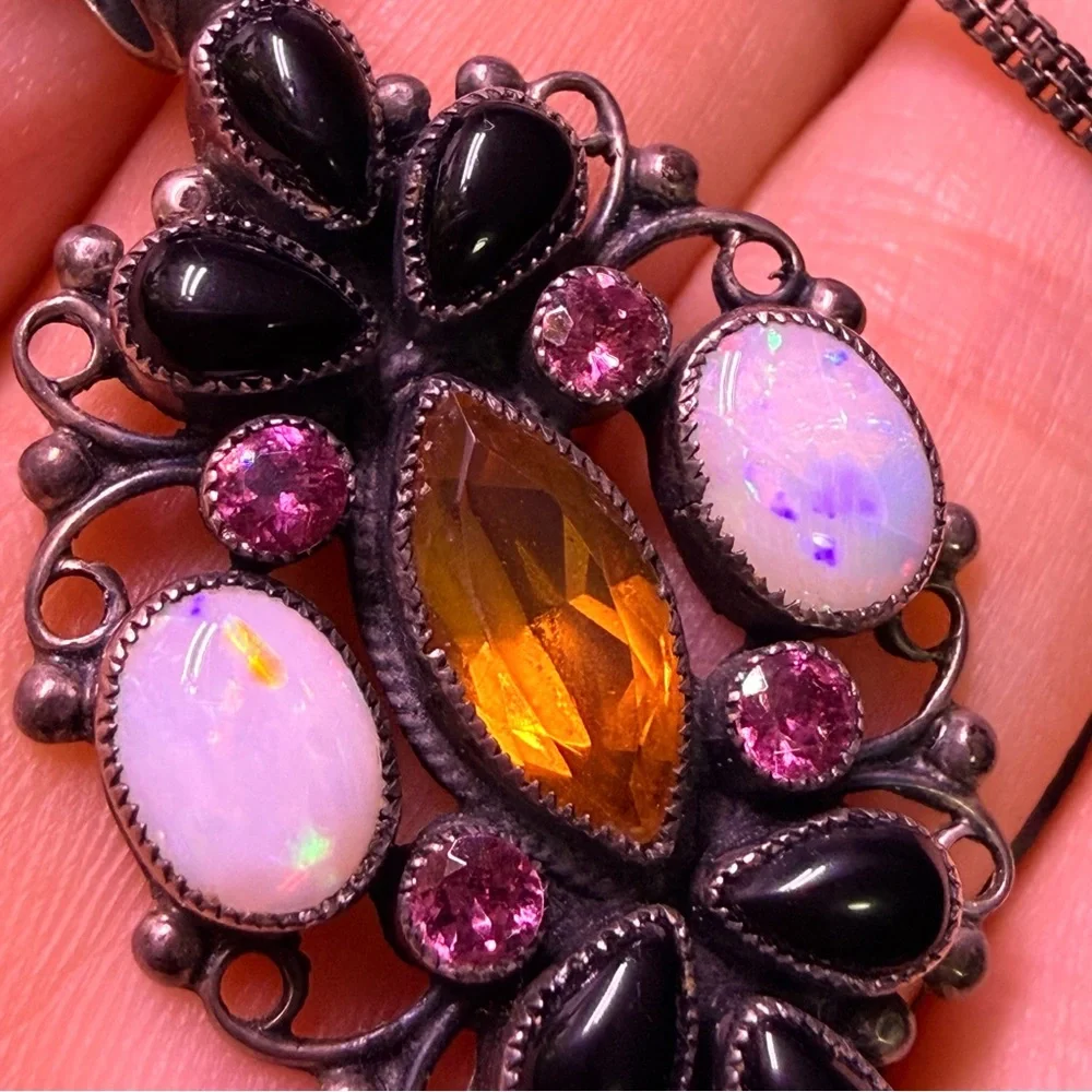 Vintage Feeny Sterling Silver Rainbow Opal Necklace Onyx Pink 925 - Picture 4 of 7